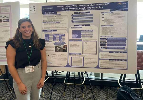 BRAIN Lab research assistant standing in front of their poster they presented at the undergraduate research symposium.